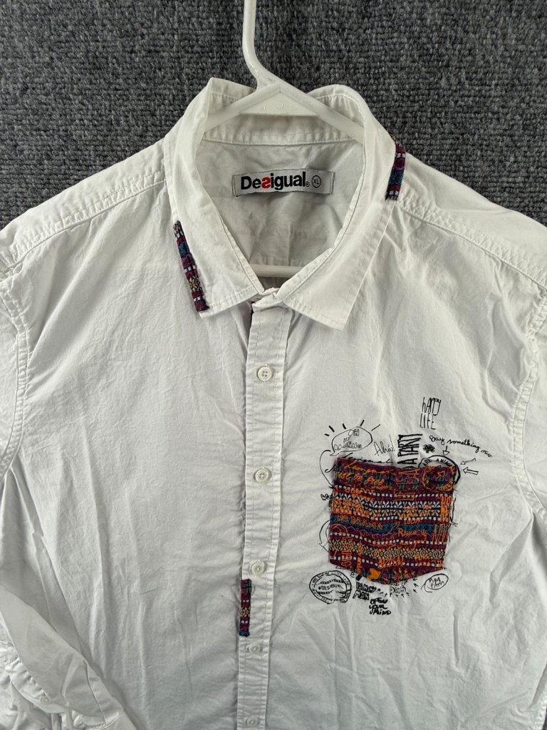 Desigual 18wmcwxd Cotton Graphic Print Xl White Shirt Pocket Mens Long Sleeve